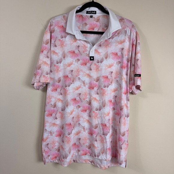 Bad Birdie Mens XL Pink Floral Performance Golf Polo Shirt Short Sleeve Stretch - Picture 2 of 9